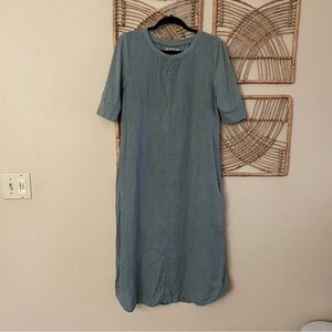 Flax Linen Maxi Dress Stretch Sleeve Seafoam Green Lagenlook Pockets Sz P B24